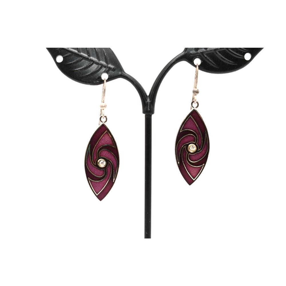 Vintage Isle of Skye Cloisonne Burgundy Enamel Drop Earrings Rhinestone